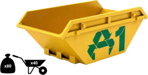 8 yard builders skip: around 80 bin bags or 40 wheelbarrows